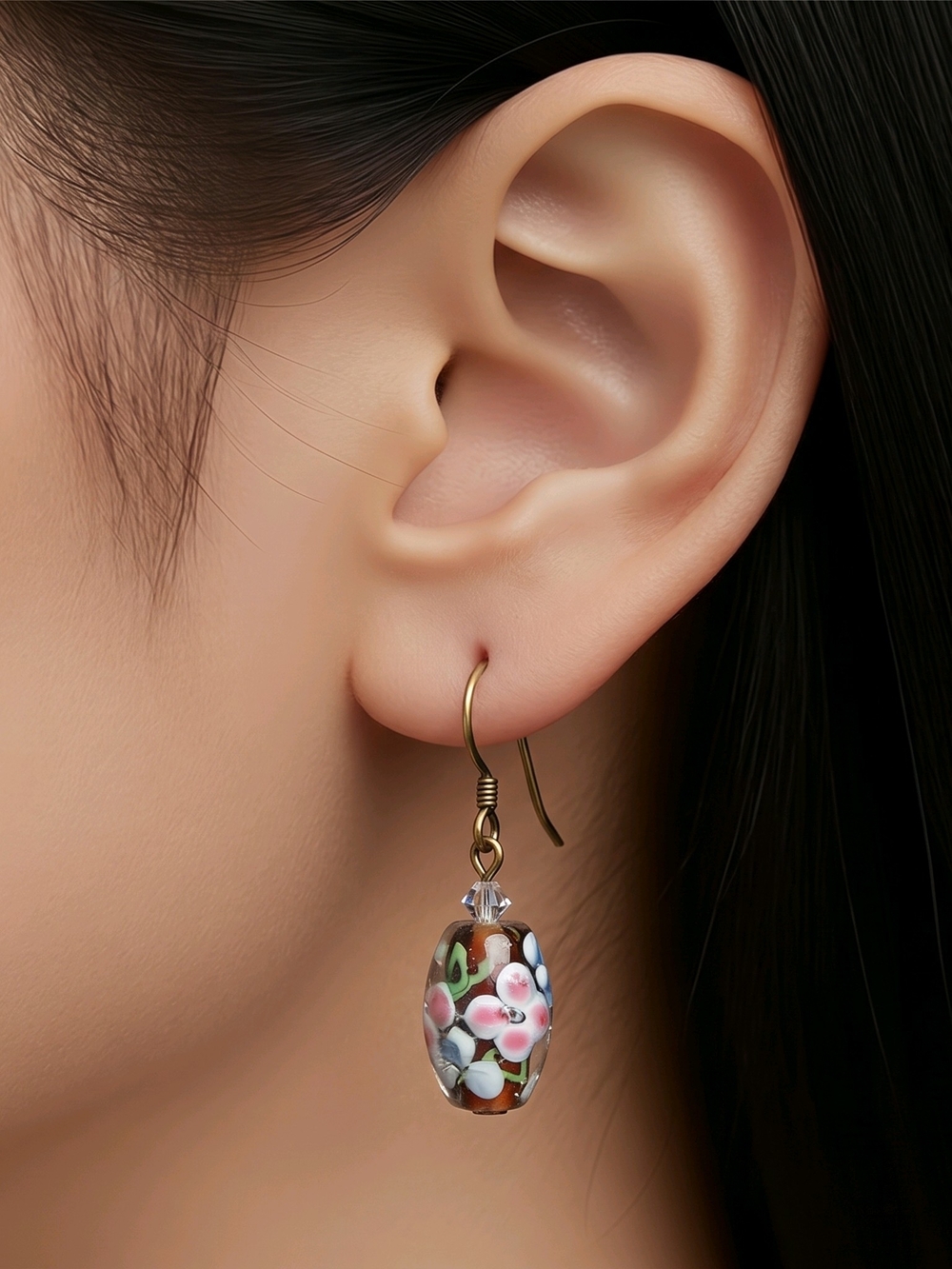 Handmade Floral Lampwork Drop Earrings — Pink & Brown